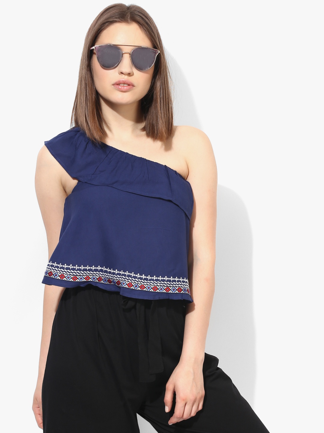 

People Women Navy Blue One Shoulder Solid Top