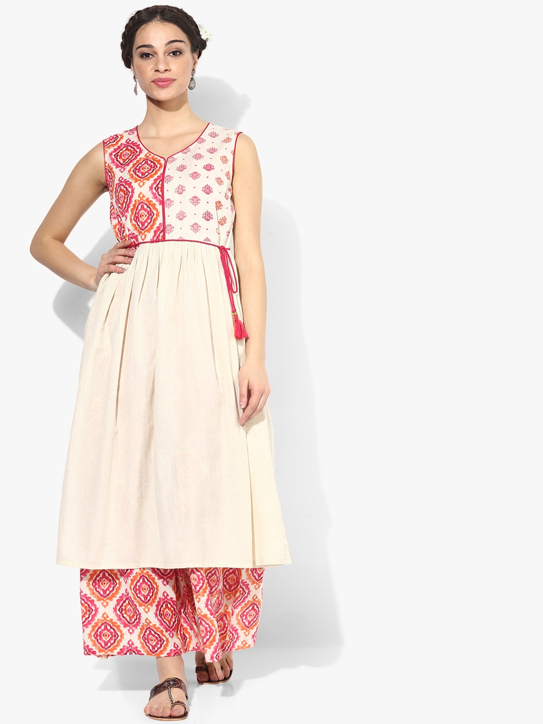 

RANGMANCH BY PANTALOONS Women Cream-Coloured & Pink Printed Anarkali Kurta