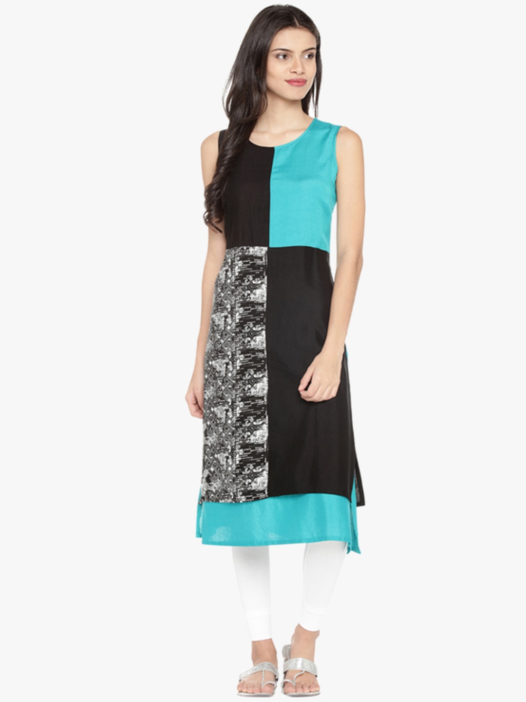 

RANGMANCH BY PANTALOONS Women Black & Turquoise Blue Colourblocked Straight Kurta