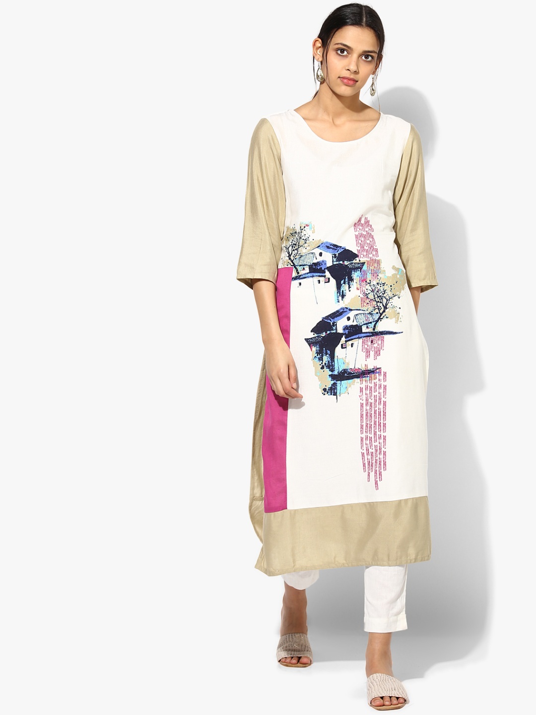 

RANGMANCH BY PANTALOONS Women Off White & Beige Quirky Printed Kurta