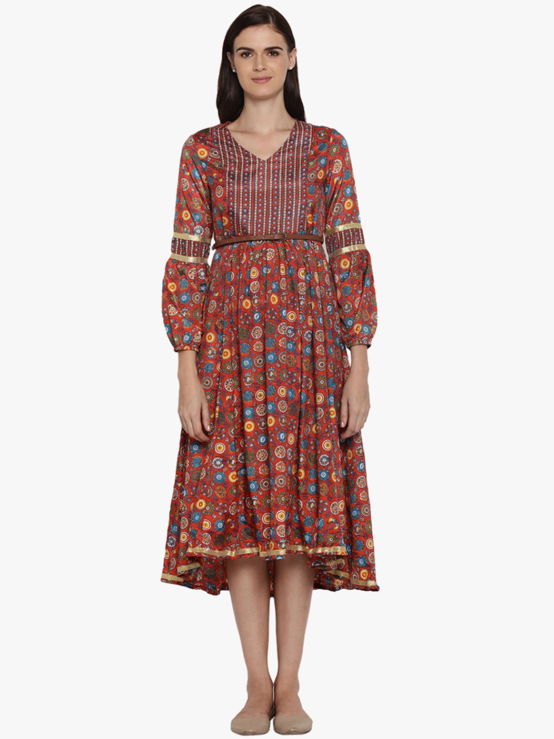 

AKKRITI BY PANTALOONS Multicoloured Printed Fit & Flare Dress with Belt, Multi