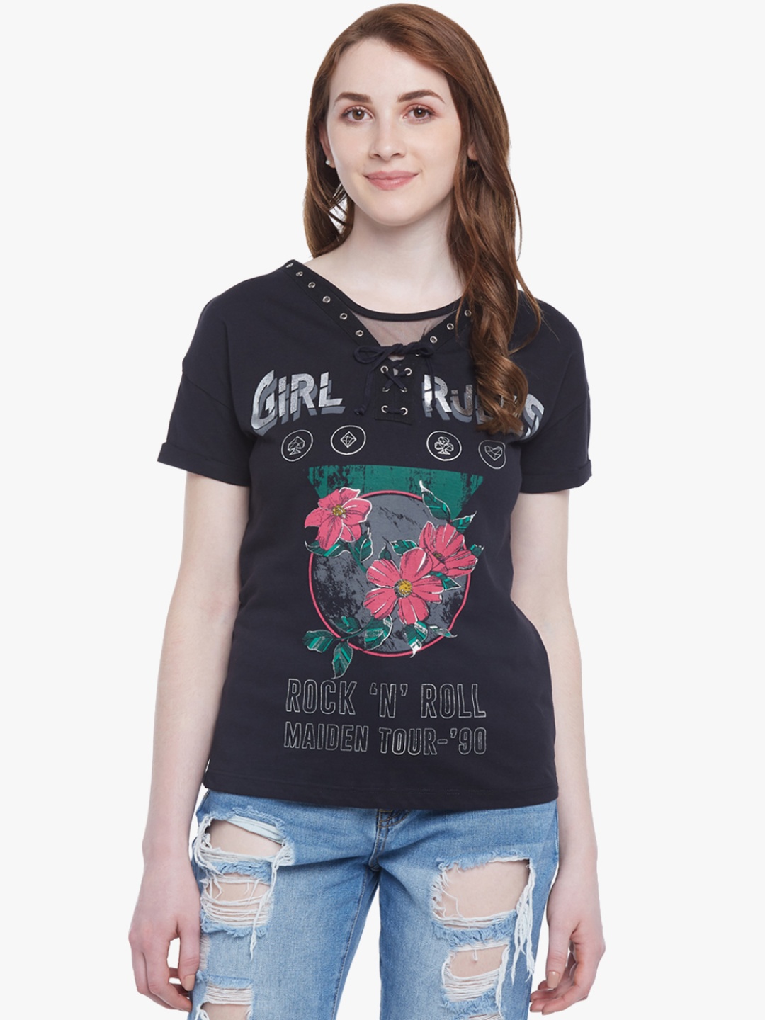 

SF JEANS by Pantaloons Black Printed Pure Cotton Top