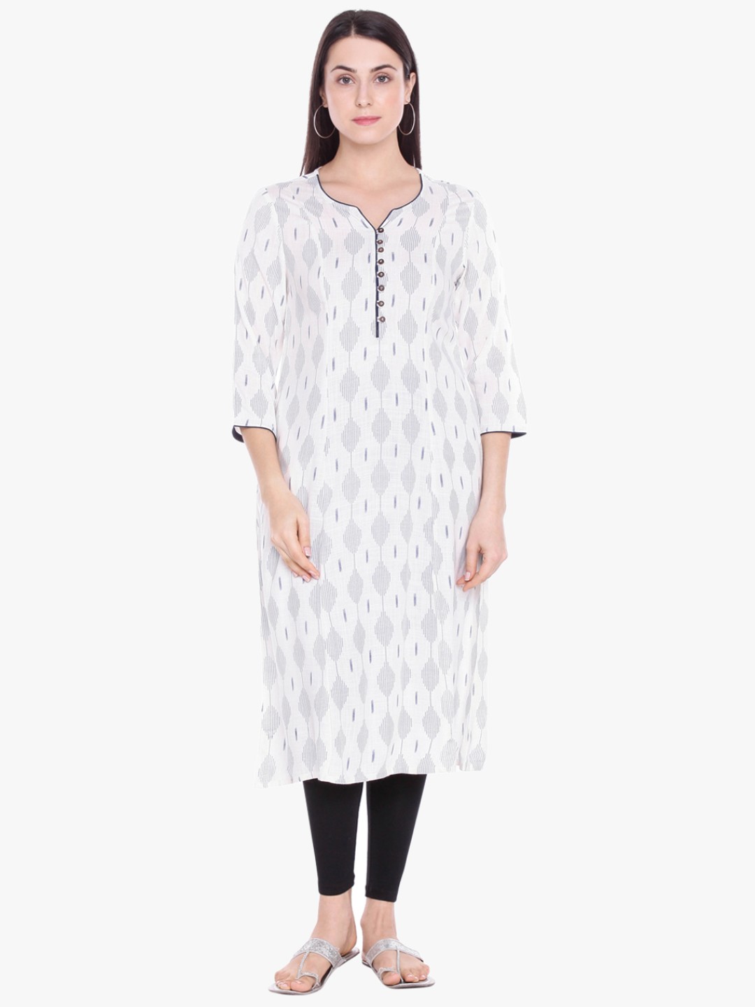 

RANGMANCH BY PANTALOONS Women Off White & Navy Blue Geometric Printed A-Line Kurta