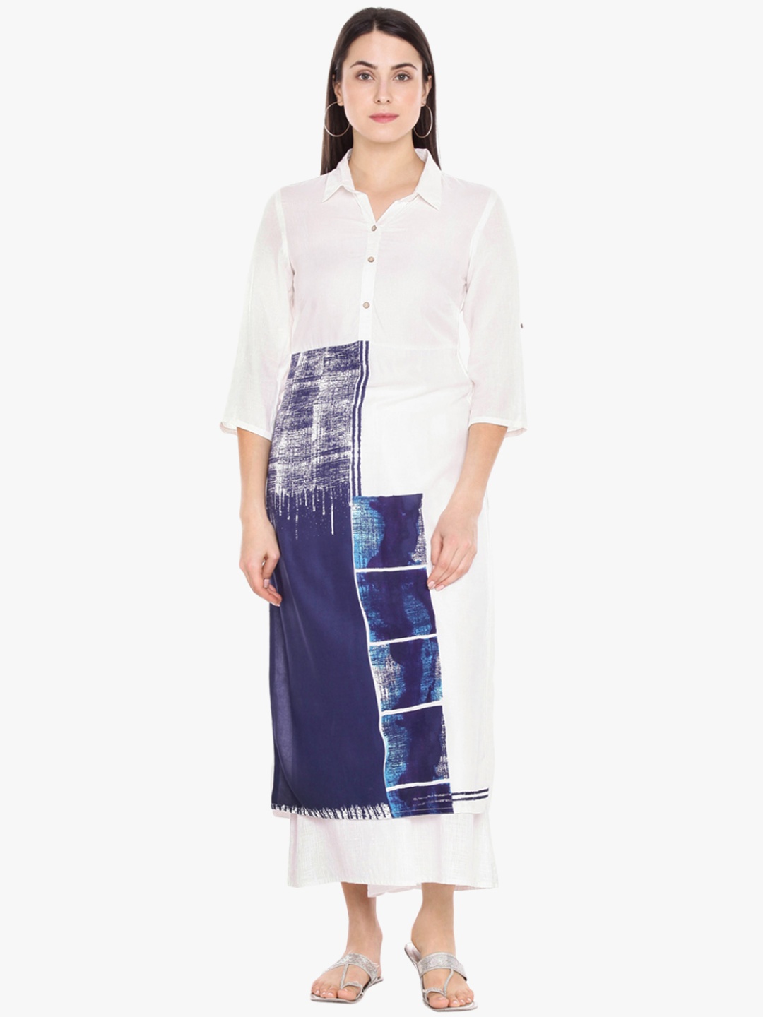 RANGMANCH BY PANTALOONS Women White & Navy Blue Printed Straight Kurta