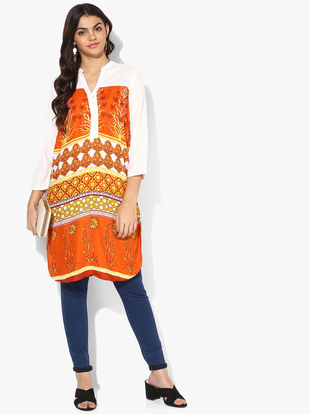 

AKKRITI BY PANTALOONS Women Orange & White Printed Straight Kurta