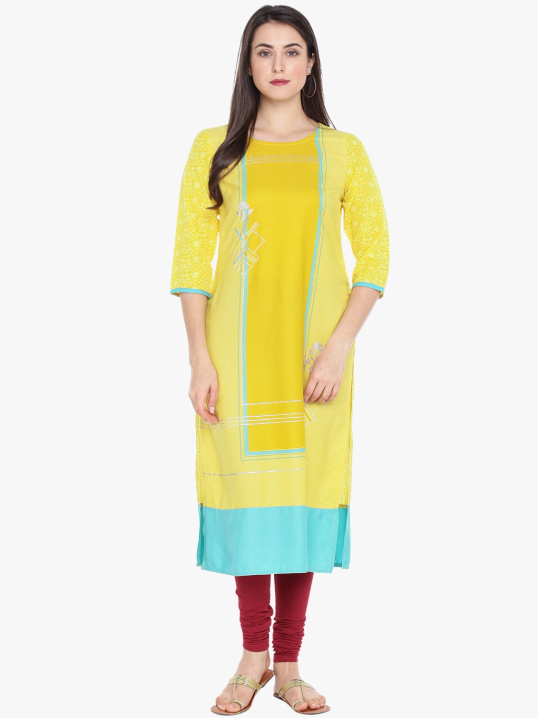 RANGMANCH BY PANTALOONS Women Yellow & Blue Printed Straight Kurta