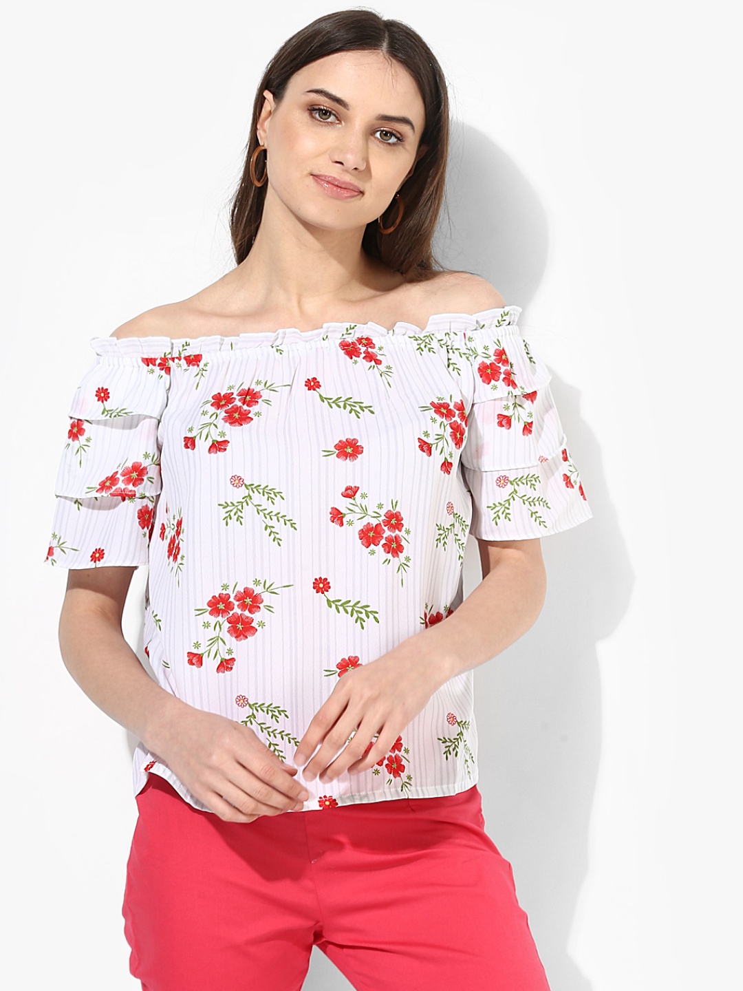 

Honey by Pantaloons White & Red Floral Off-Shoulder Flared Sleeve Bardot Top