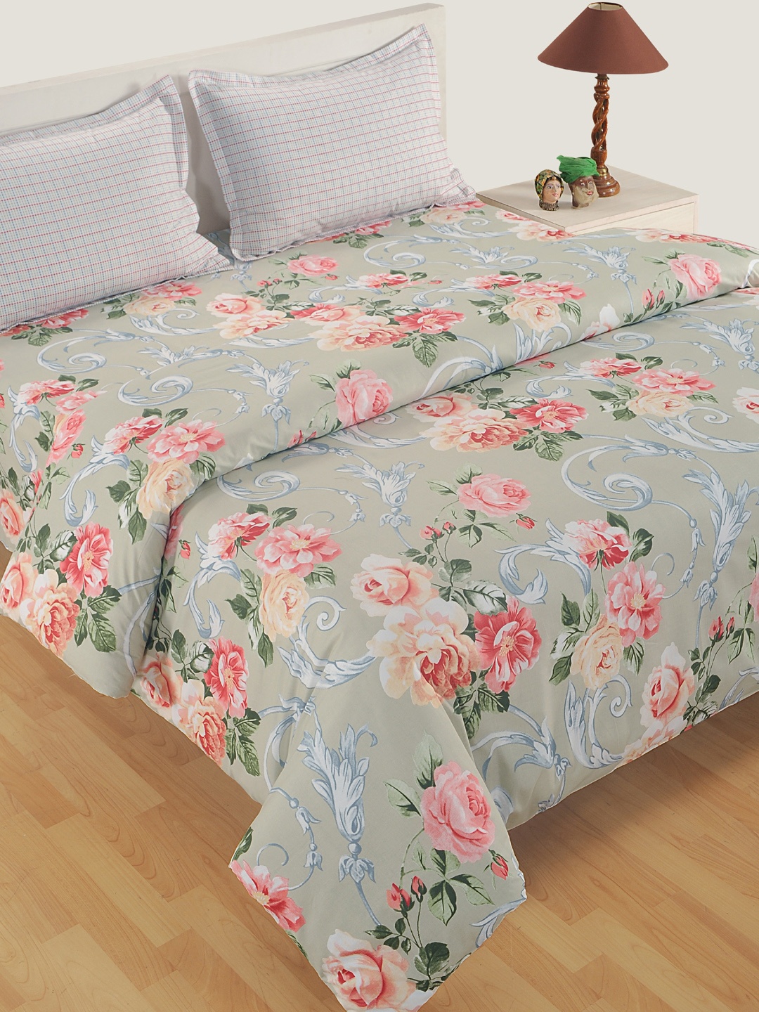 

SWAYAM Grey & Peach-Coloured 160 TC Printed Bedding Set