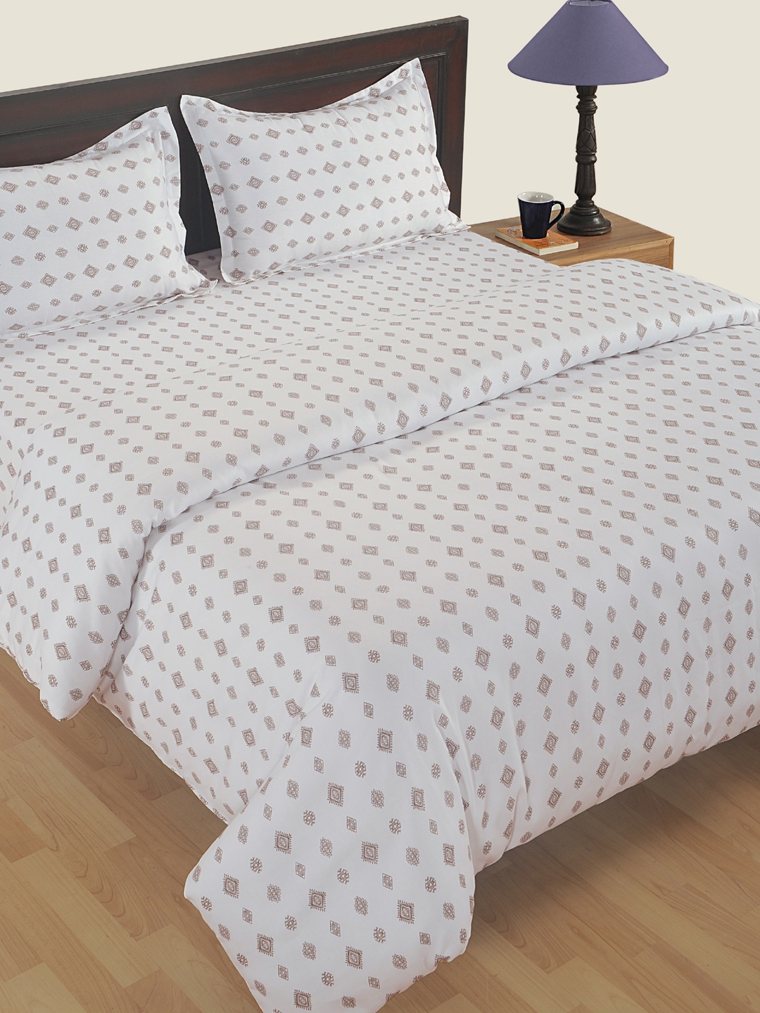 

SWAYAM White & Brown Satin 250 TC Printed Bedding Set