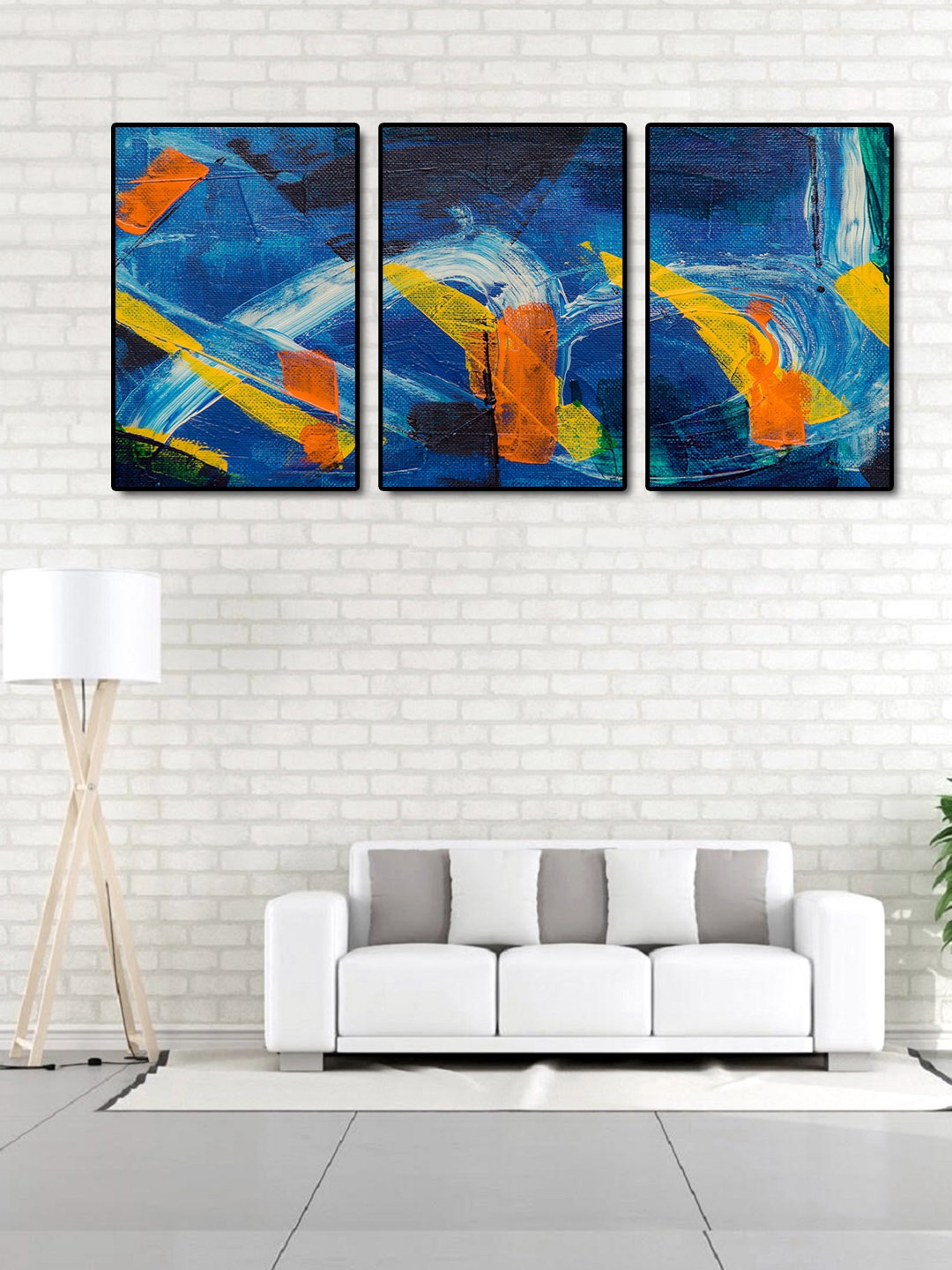 

999Store Set of 3 Printed Green Leaves Painting (120X60 Cms), Blue