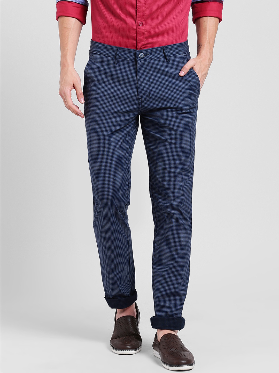 

COBB Men Navy Blue Slim Fit Checked Regular Trousers