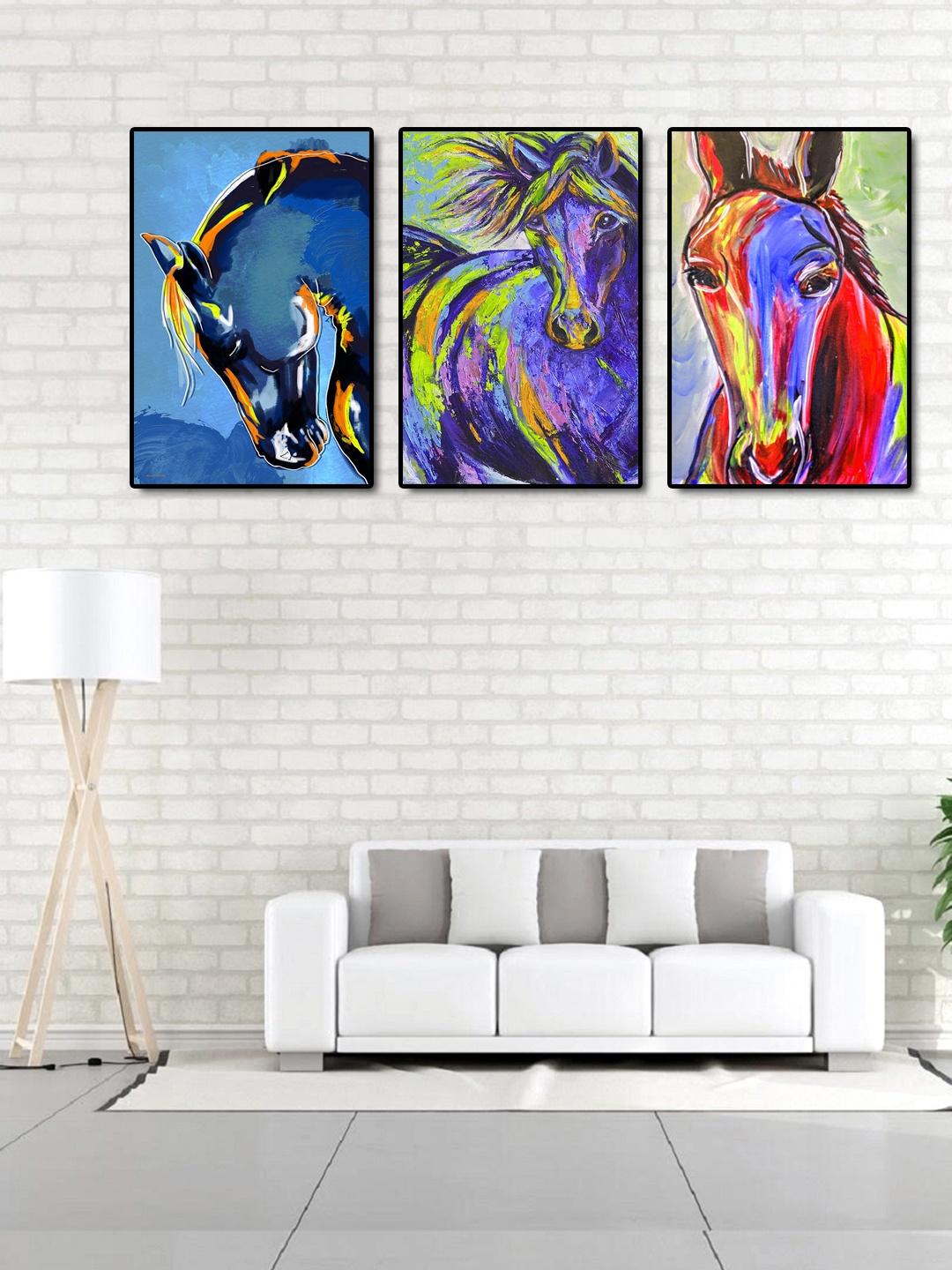 

999Store Set of 3 Multicoloured Horse Painting Wall Art, Multi