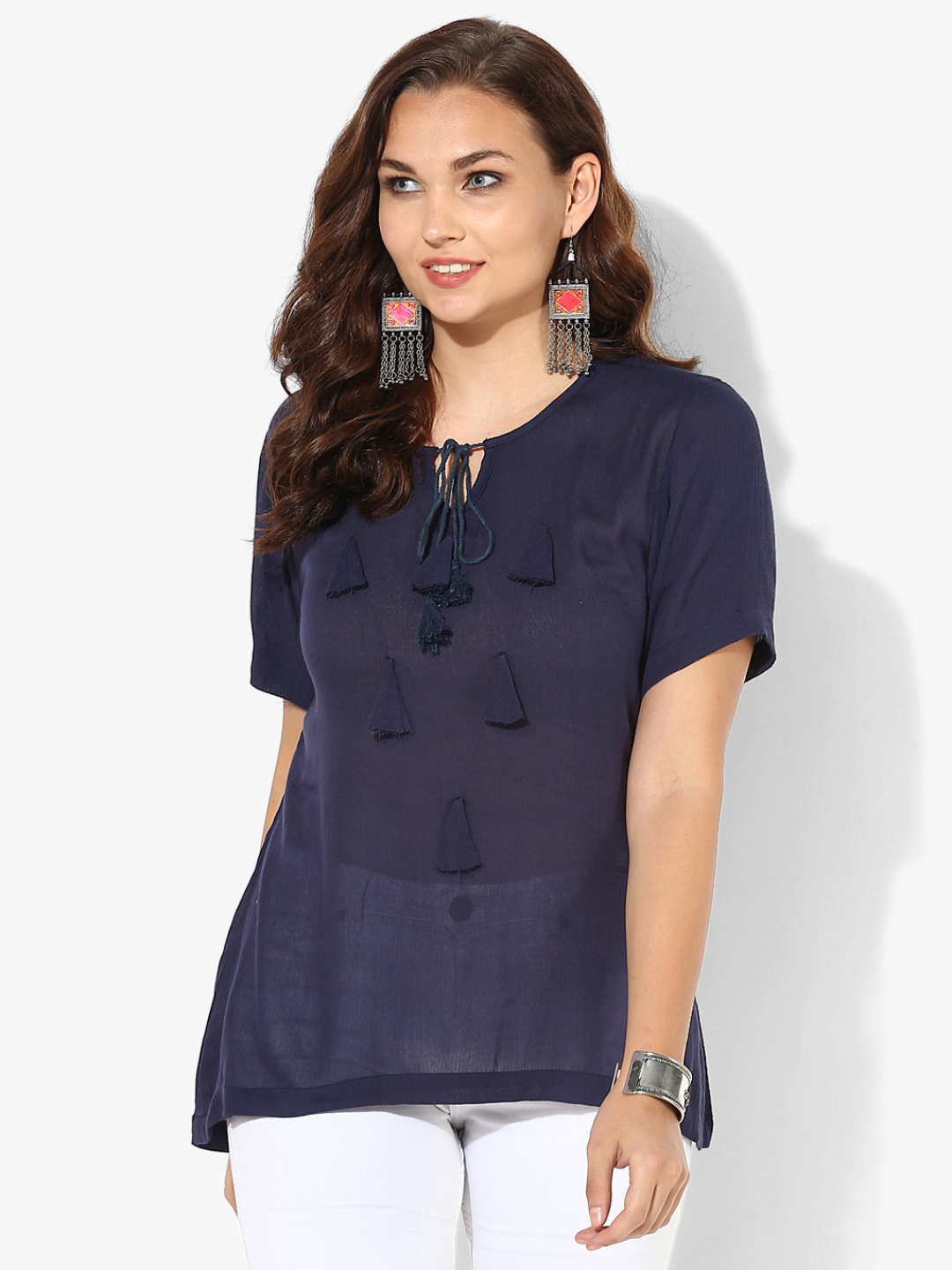 

Round Neck Solid Top With Dori And Tassels Detail, Navy blue