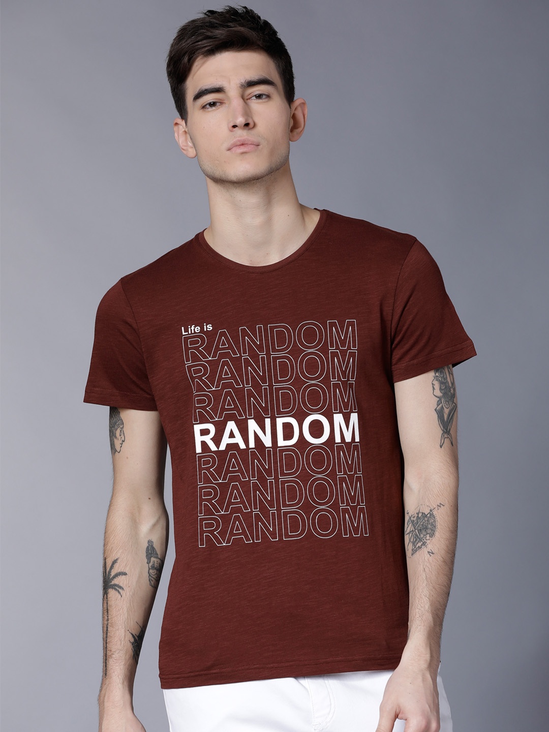 

LOCOMOTIVE Men Maroon Printed Round Neck T-shirt
