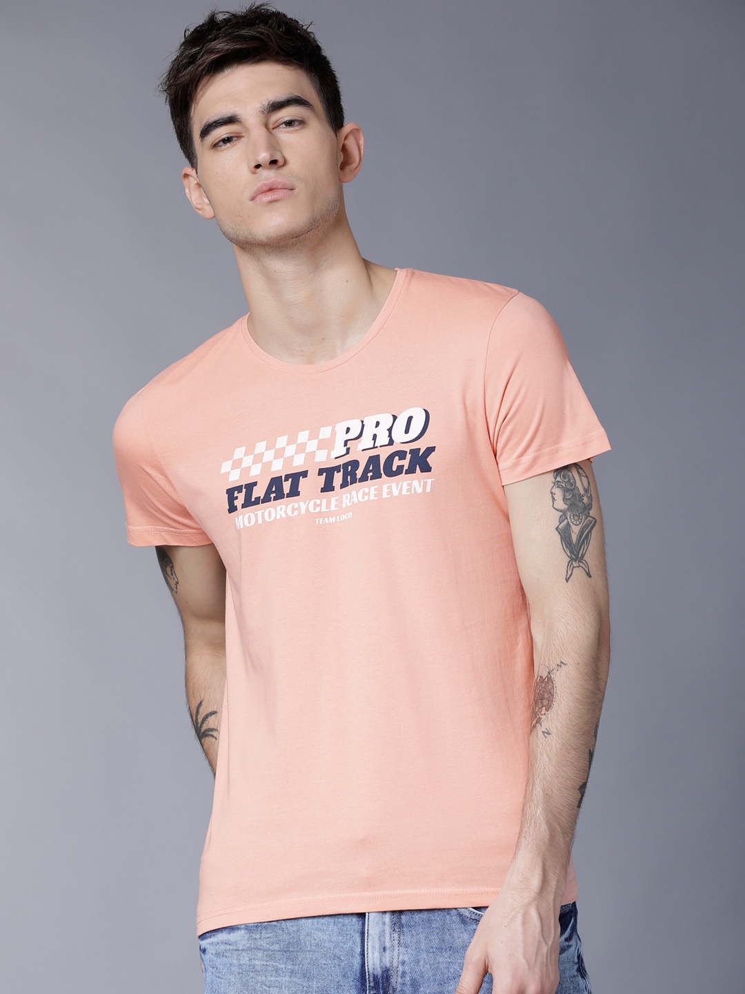 

LOCOMOTIVE Men Peach-Coloured Printed Round Neck T-shirt