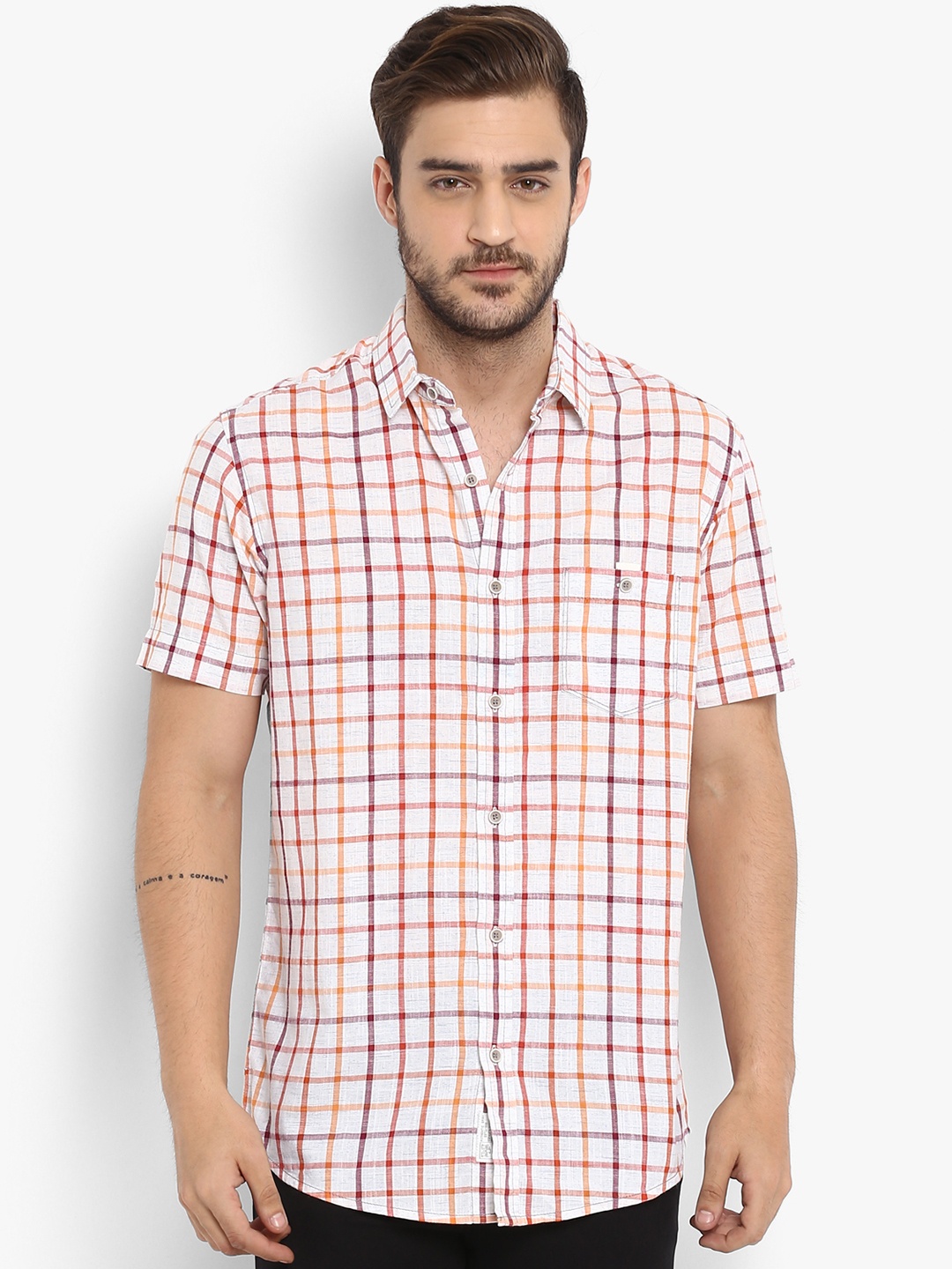 

Mufti Men White & Orange Slim Fit Checked Casual Shirt
