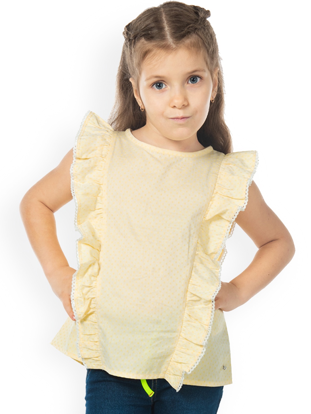 

Cherry Crumble Girls Cream Solid Cotton Blended Ruffle Top