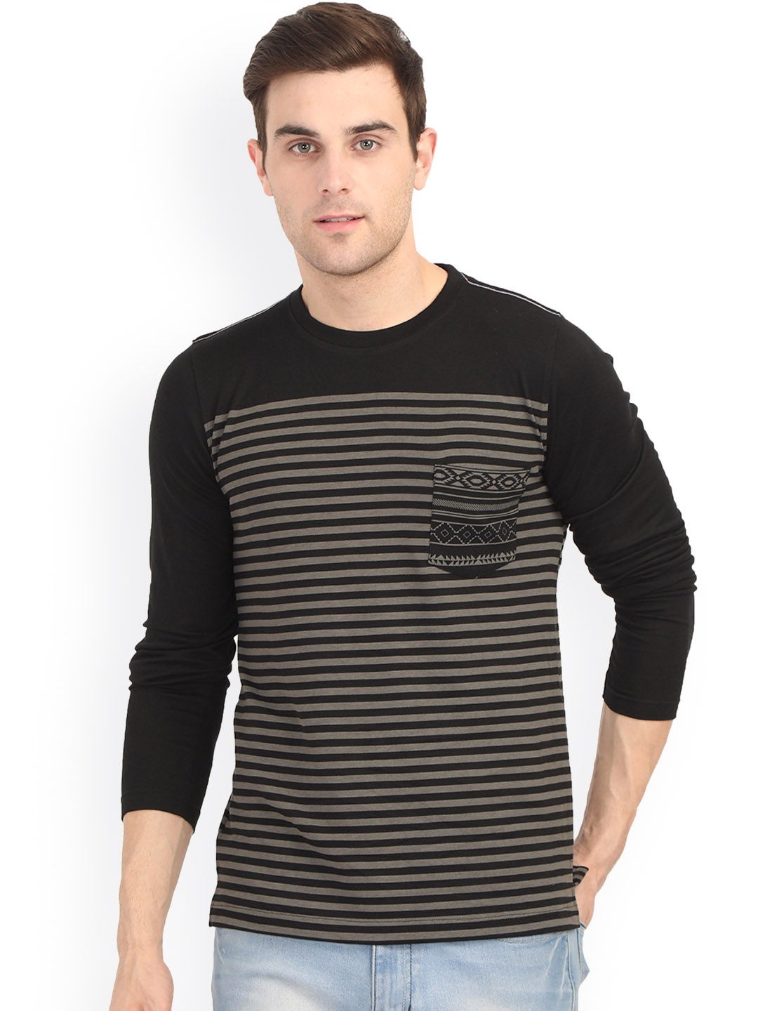 

WEXFORD Men Black & Grey Striped Round Neck T-shirt