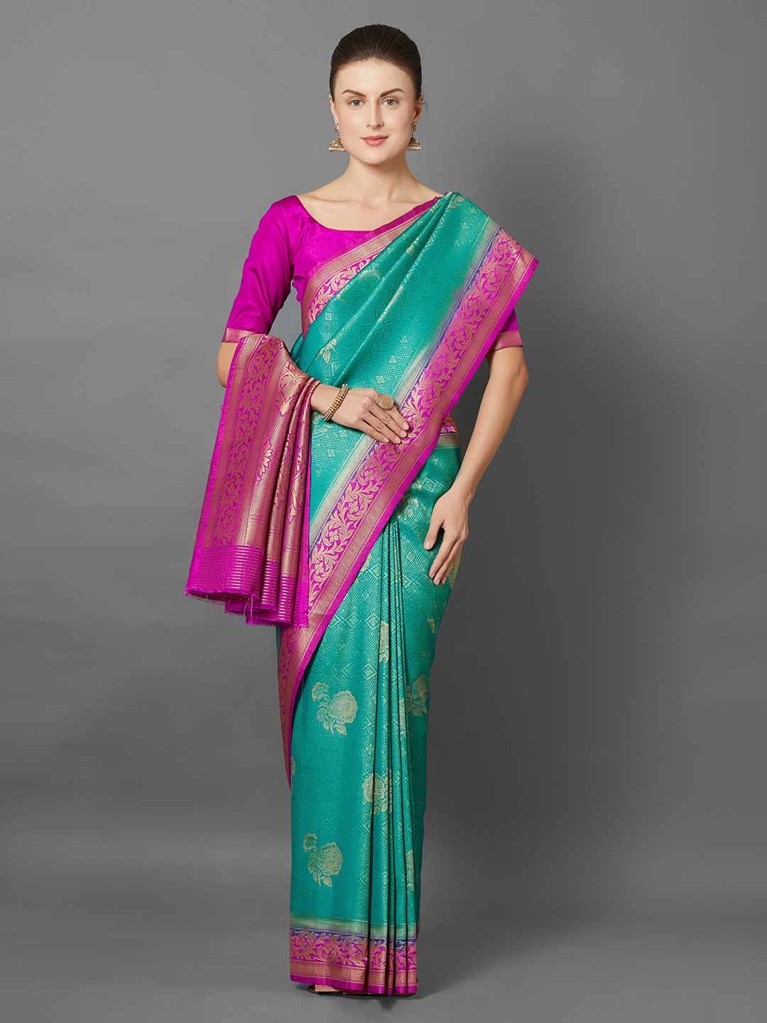

Mitera Teal Silk Blend Woven Design Kanjeevaram Saree