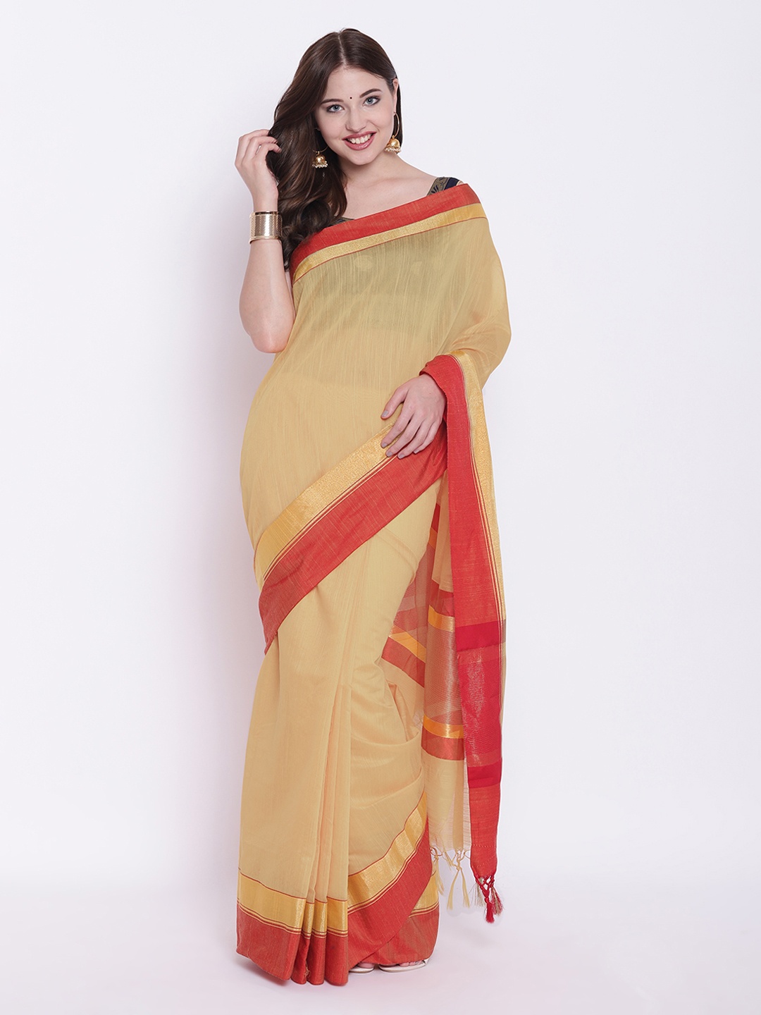 

Chhabra 555 Beige & Red Silk Cotton Solid Jamdani Saree