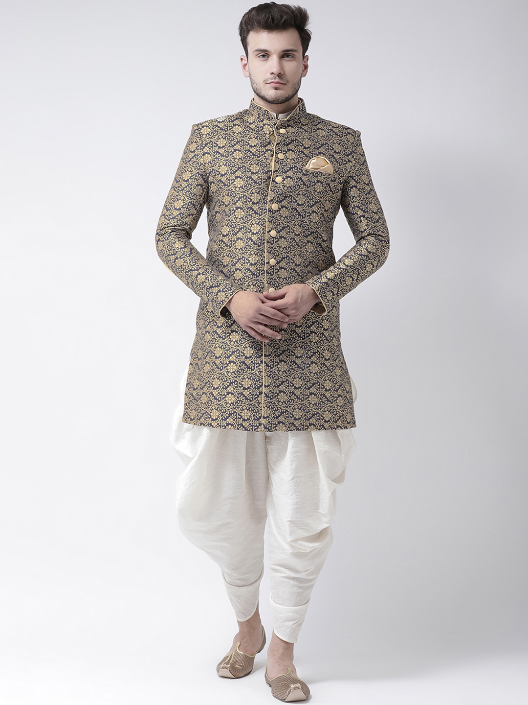 

DEYANN Men Navy & Off-White Woven Design Sherwani, Navy blue