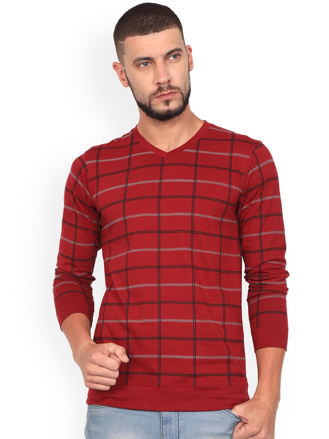

WEXFORD Men Maroon & Black Checked V-Neck T-shirt