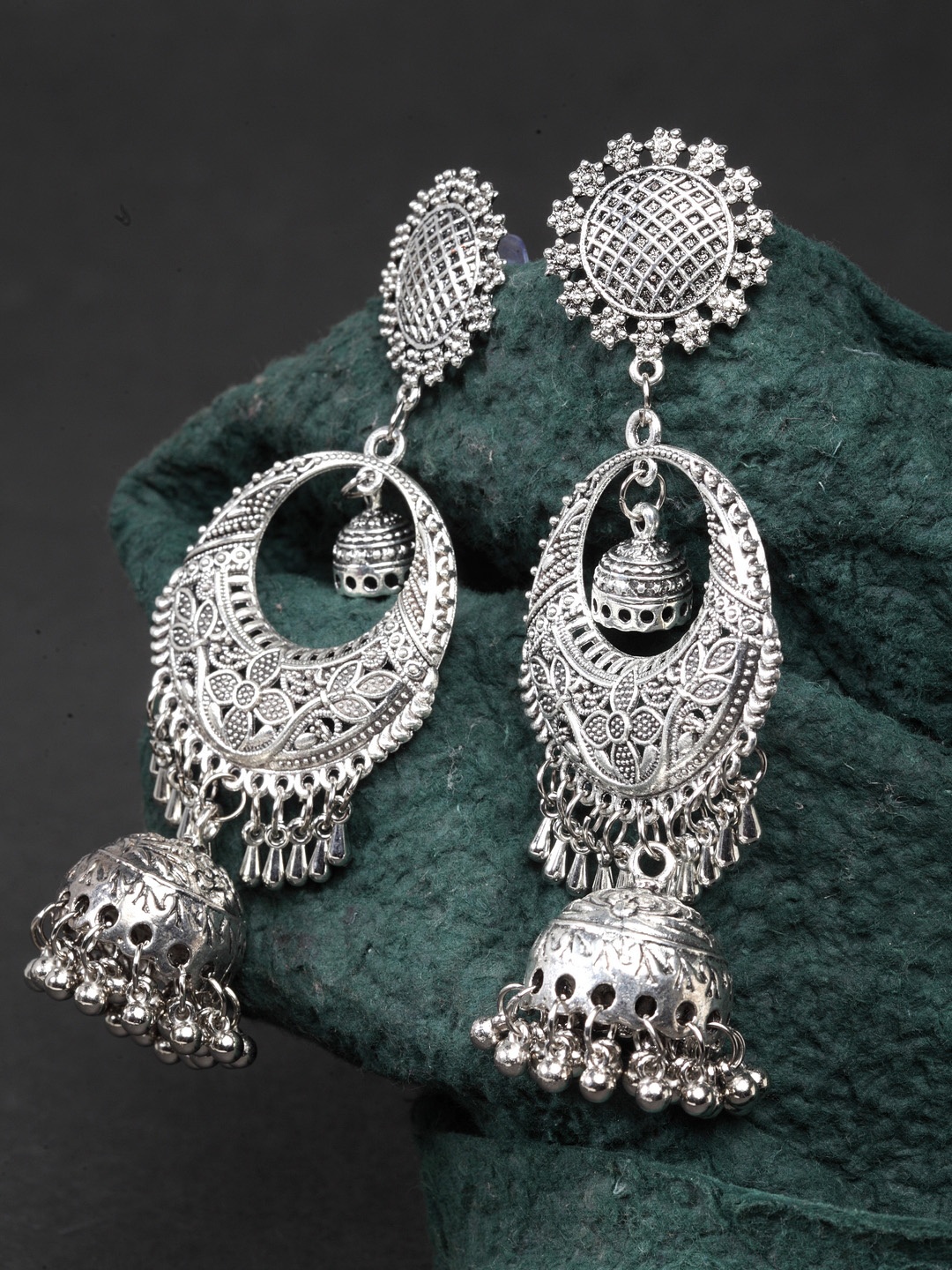 

Moedbuille Silver-Toned Dome Shaped Jhumkas