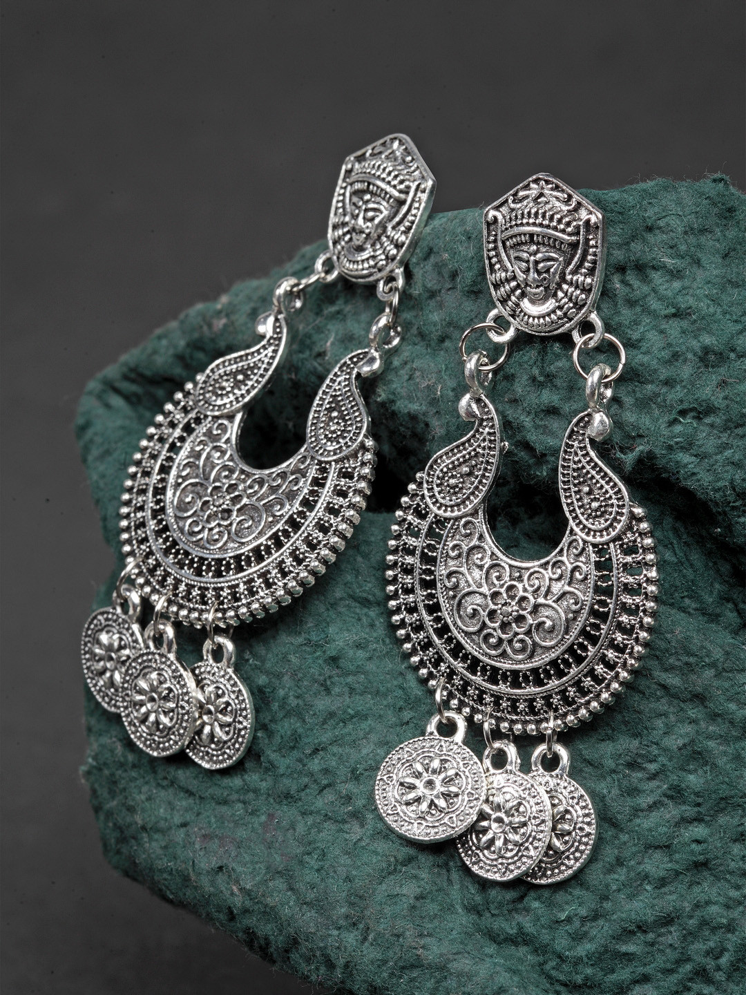 

Moedbuille Silver-Plated Oxidised Handcrafted Crescent Shaped Drop Earrings