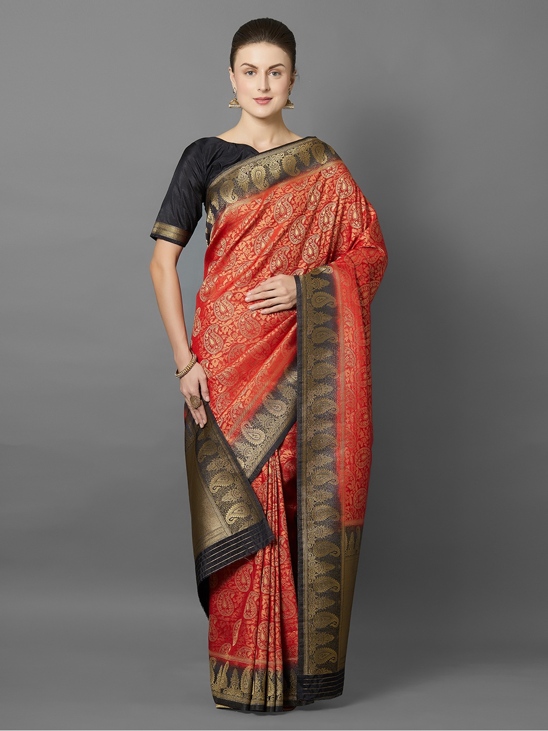 

Mitera Red Silk Blend Woven Design Kanjeevaram Saree