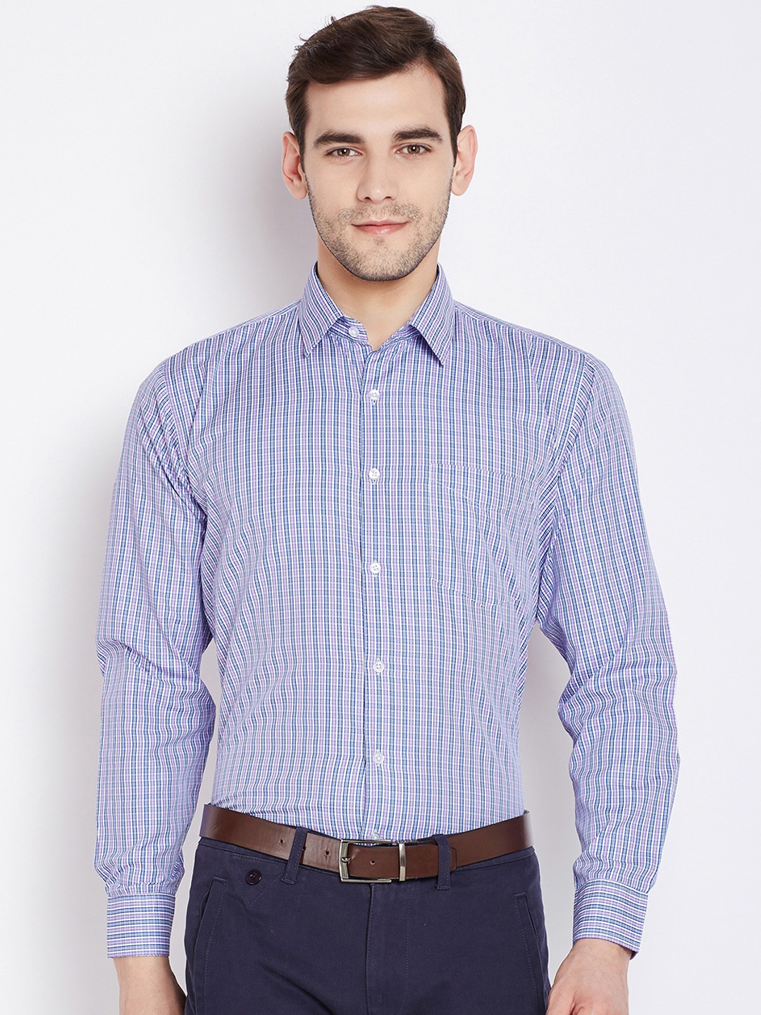 

English Navy Men Blue & Purple Slim Fit Checked Formal Shirt