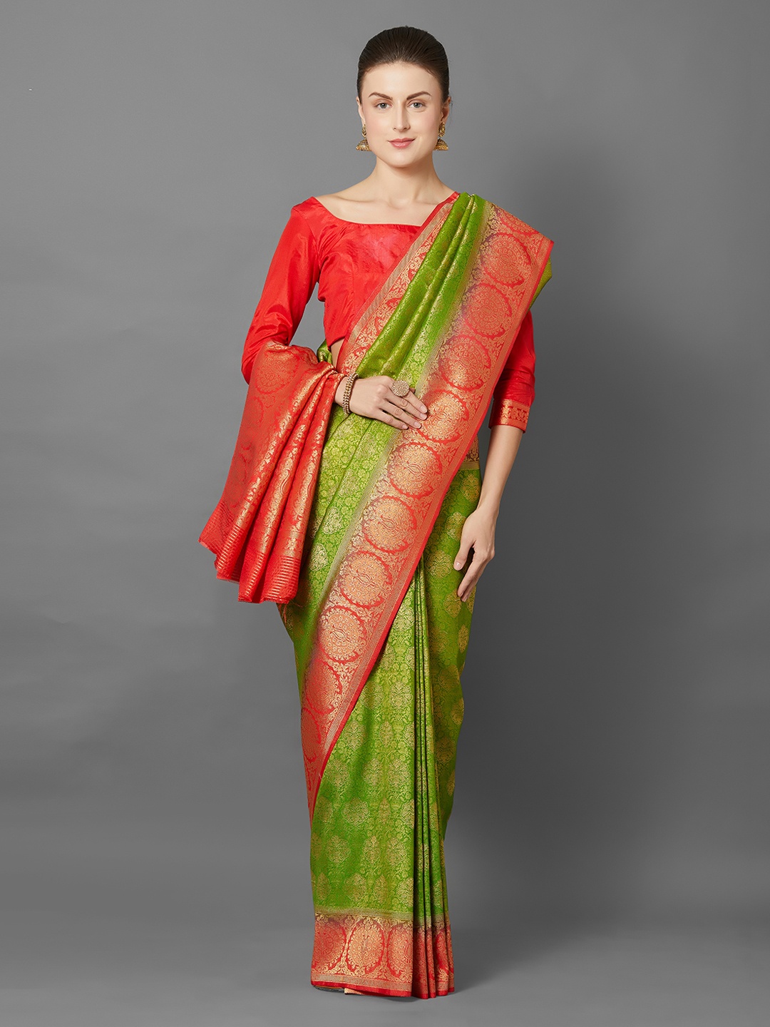 

Mitera Green & Red Silk Blend Woven Design Kanjeevaram Saree