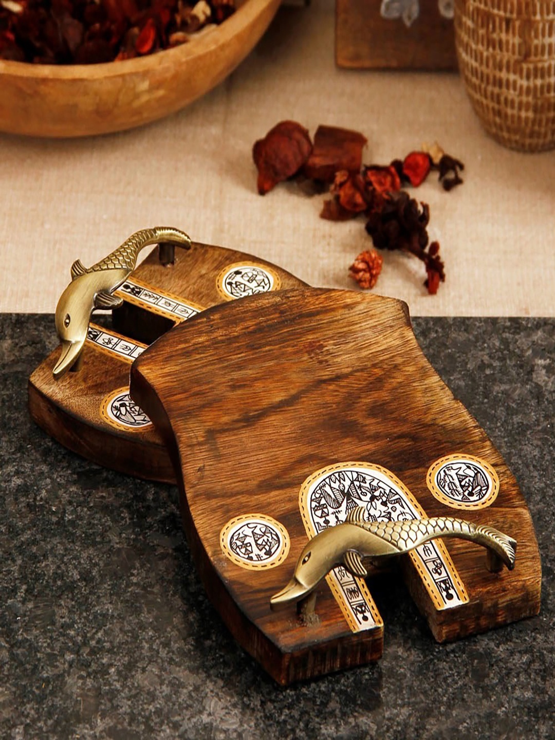 

Unravel India Brown Printed Wood Set