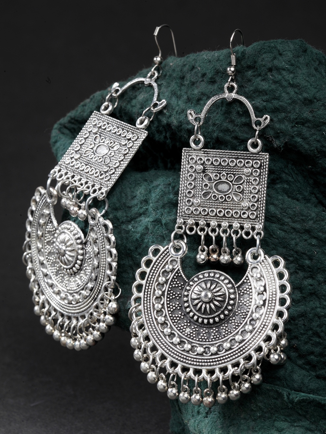 

Moedbuille Silver-Plated Crescent Shaped Oxidised Drop Earrings