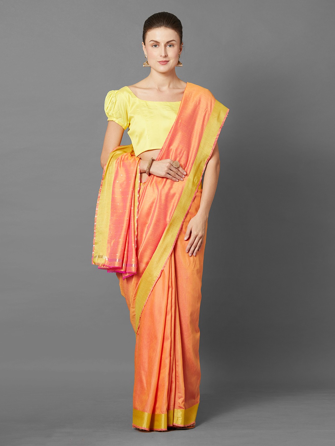 

Mitera Yellow & Peach-Coloured Silk Blend Woven Design Banarasi Saree
