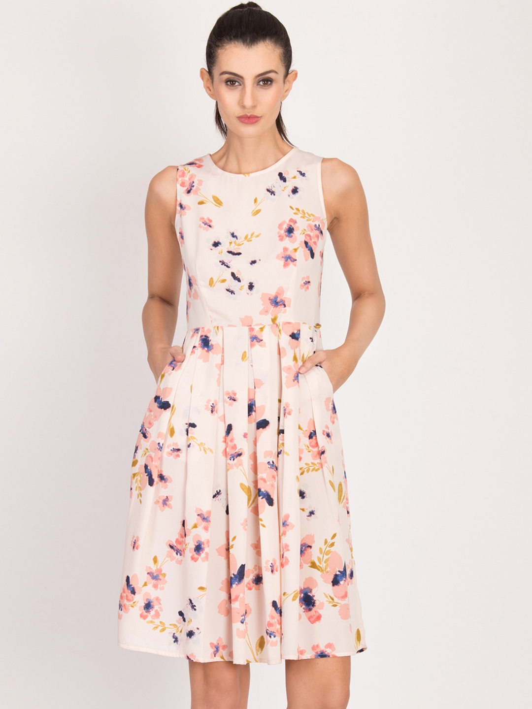 

Magzayra Women Peach-Coloured Printed Fit and Flare Dress
