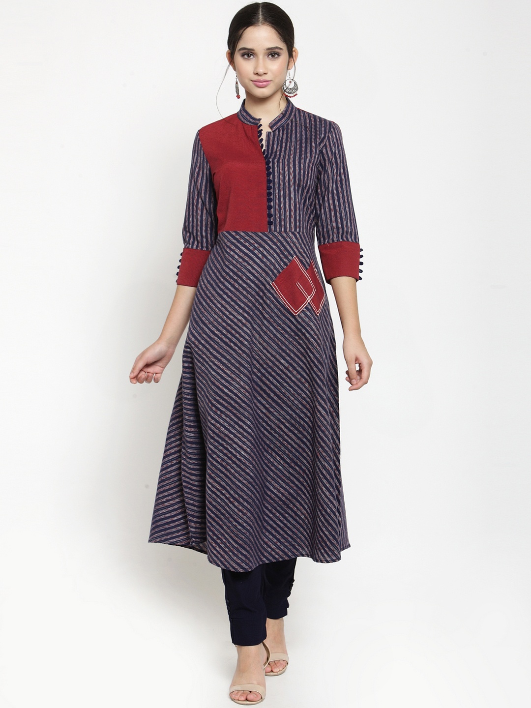 

Get Glamr Women Navy Blue & Maroon Striped Anarkali Kurta