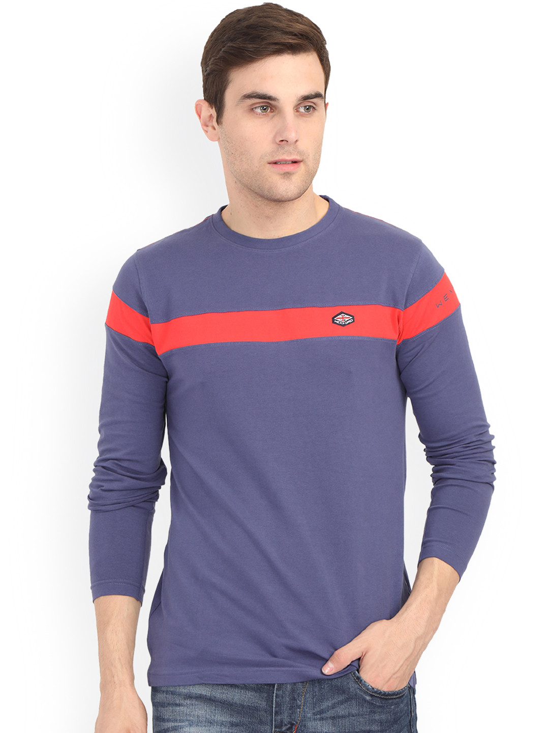 

WEXFORD Men Navy Blue Striped Round Neck Pure Cotton T-shirt