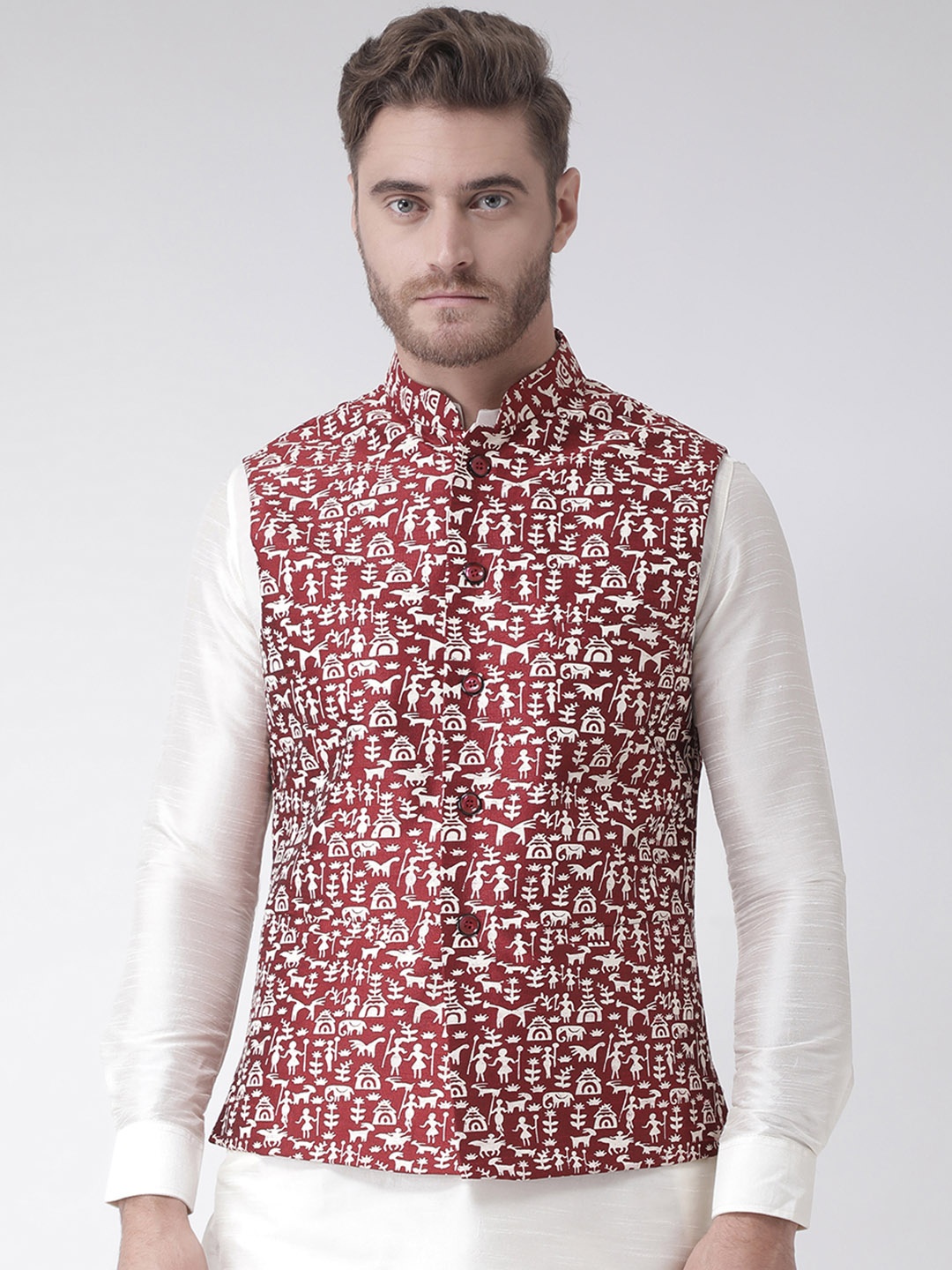 

DEYANN Red Printed Nehru Jacket