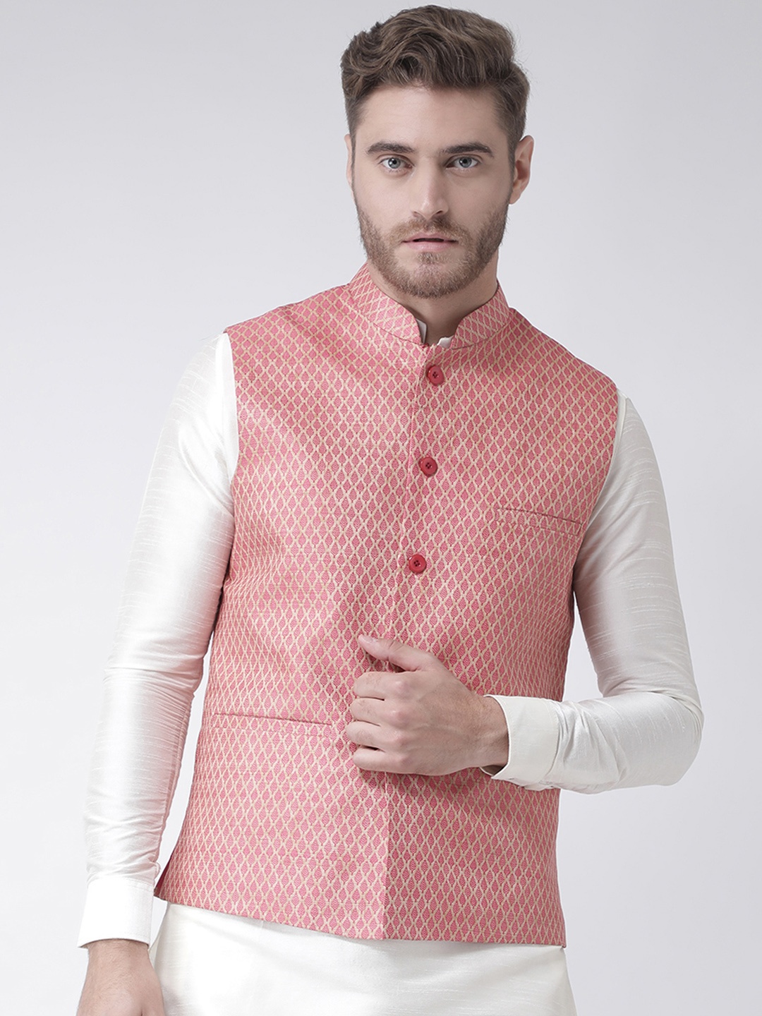 

DEYANN Men Pink Printed Nehru Jacket