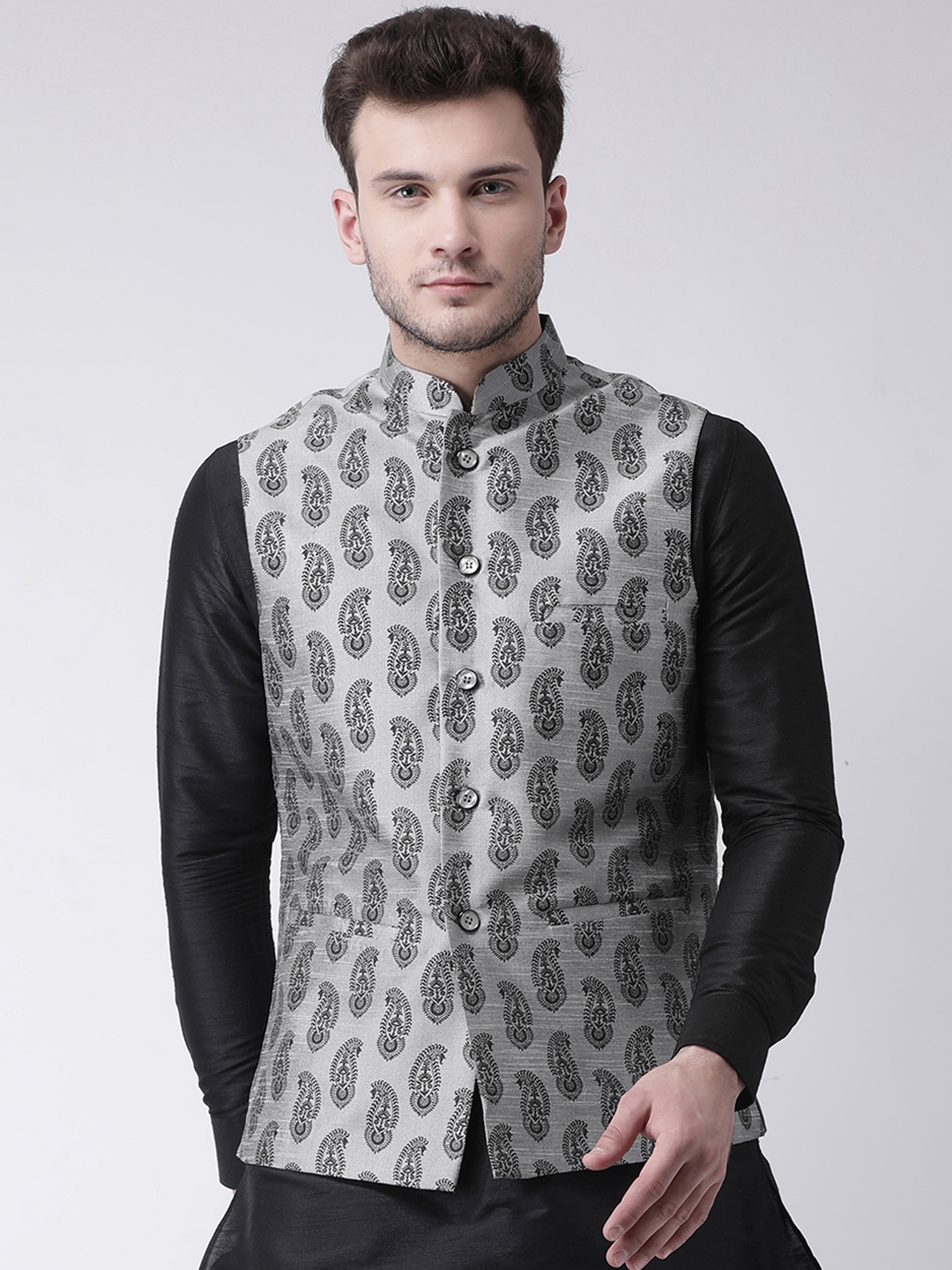 

DEYANN Men Grey Printed Nehru Jacket & Pocket Square