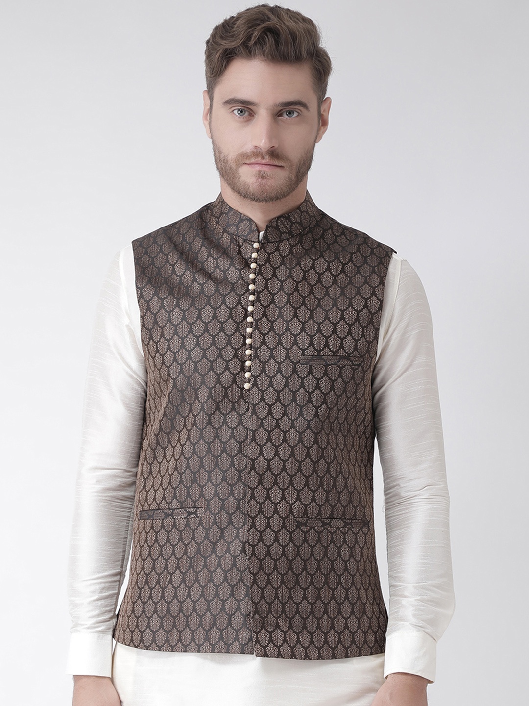 

DEYANN Men Black Woven Design Nehru Jacket