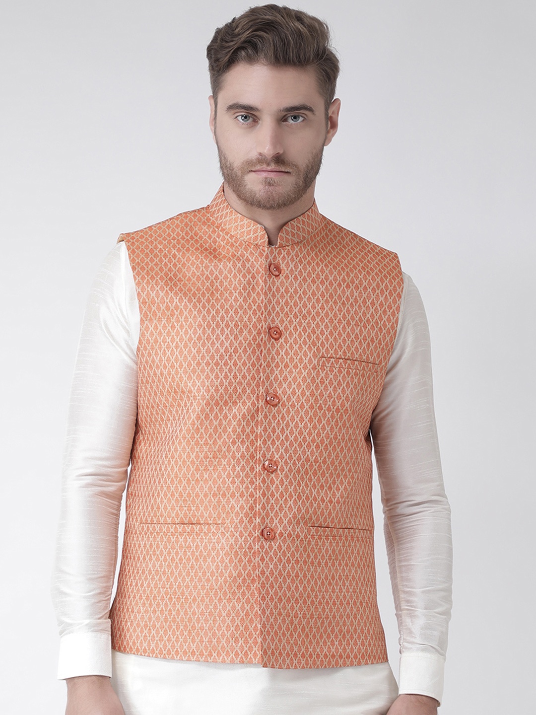 

DEYANN Men Orange Woven Design Nehru Jacket