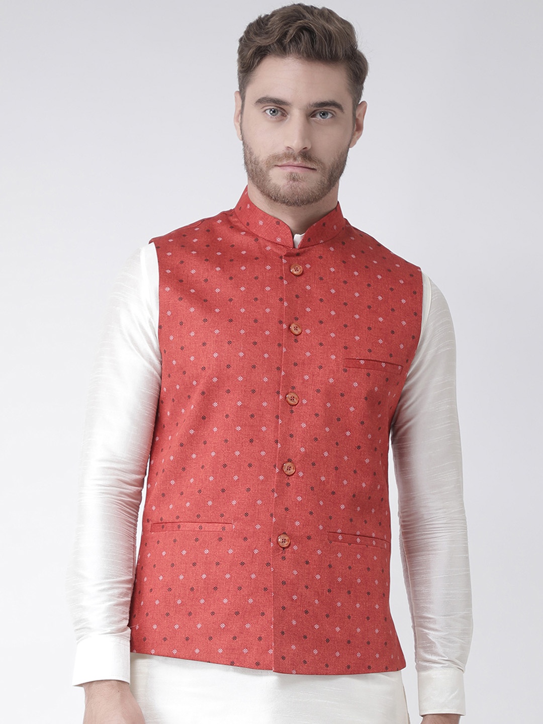 

DEYANN Men Red Printed Nehru Jacket