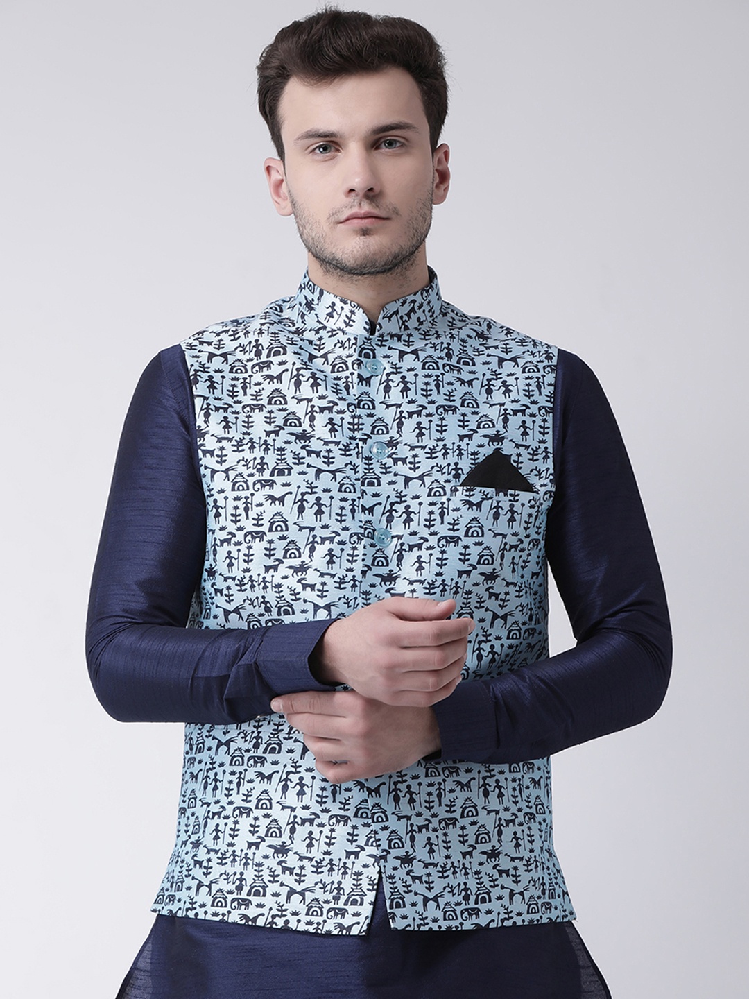 

DEYANN Blue Printed Nehru Jacket