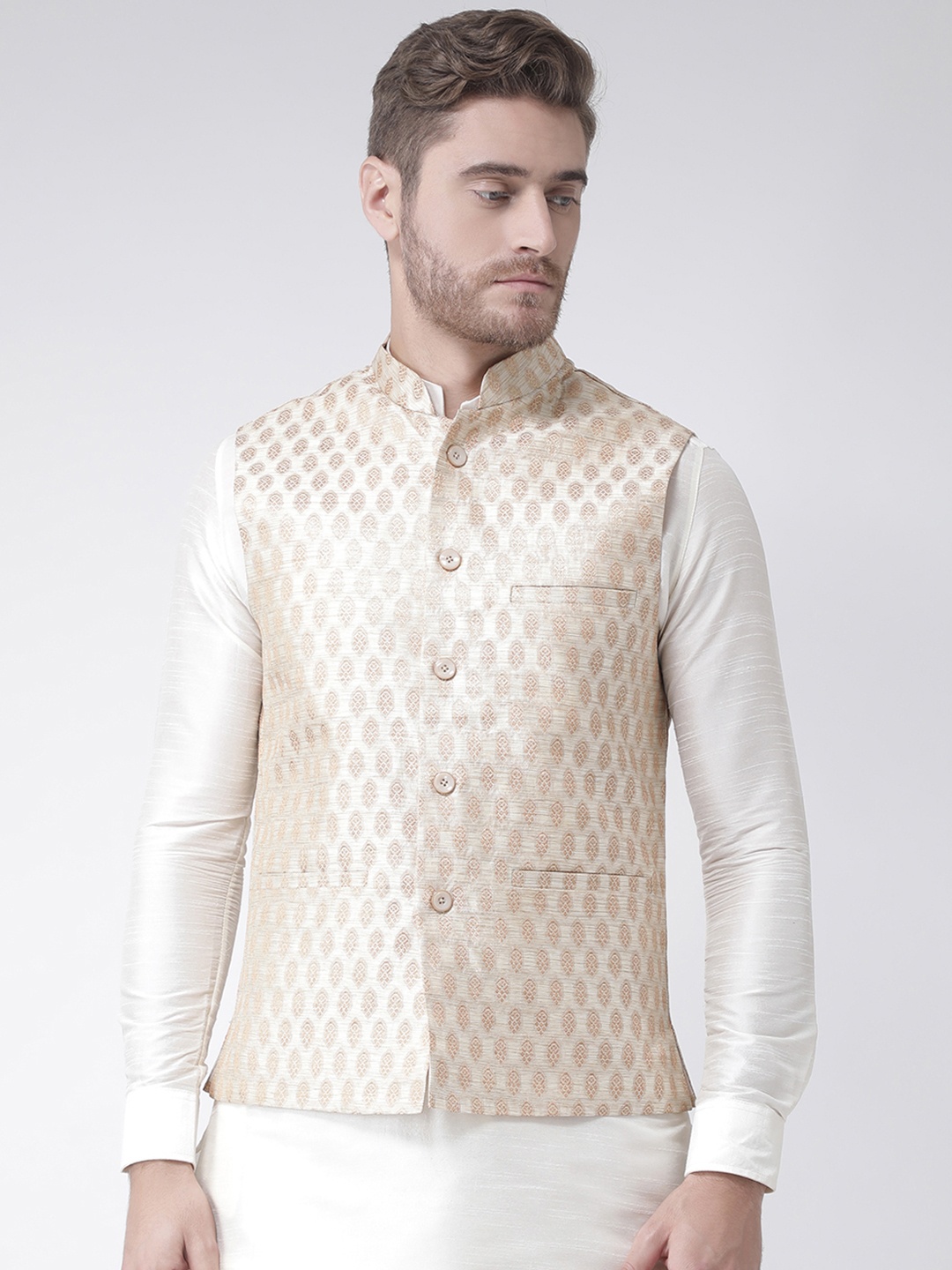 

DEYANN Cream-Coloured Woven Design Nehru Jacket