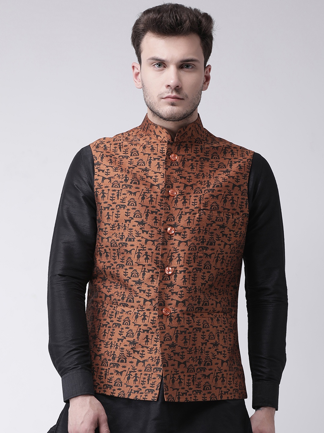 

Deyann Men Copper-Coloured Printed Nehru Jacket