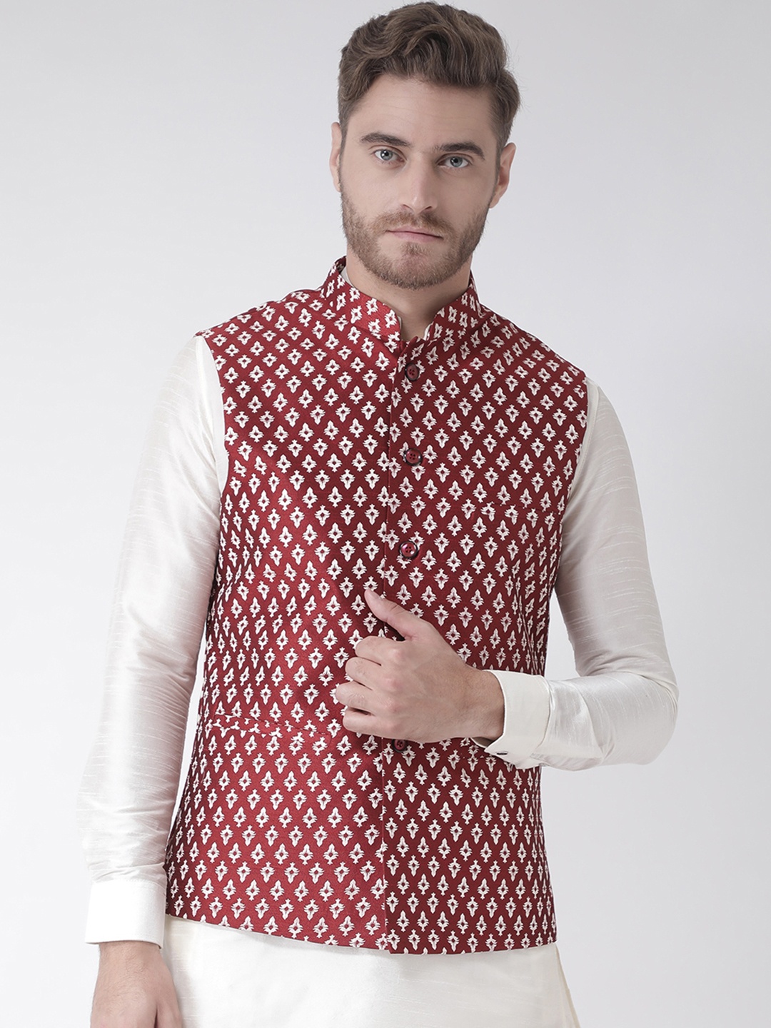 

DEYANN Men Red Printed Nehru Jacket