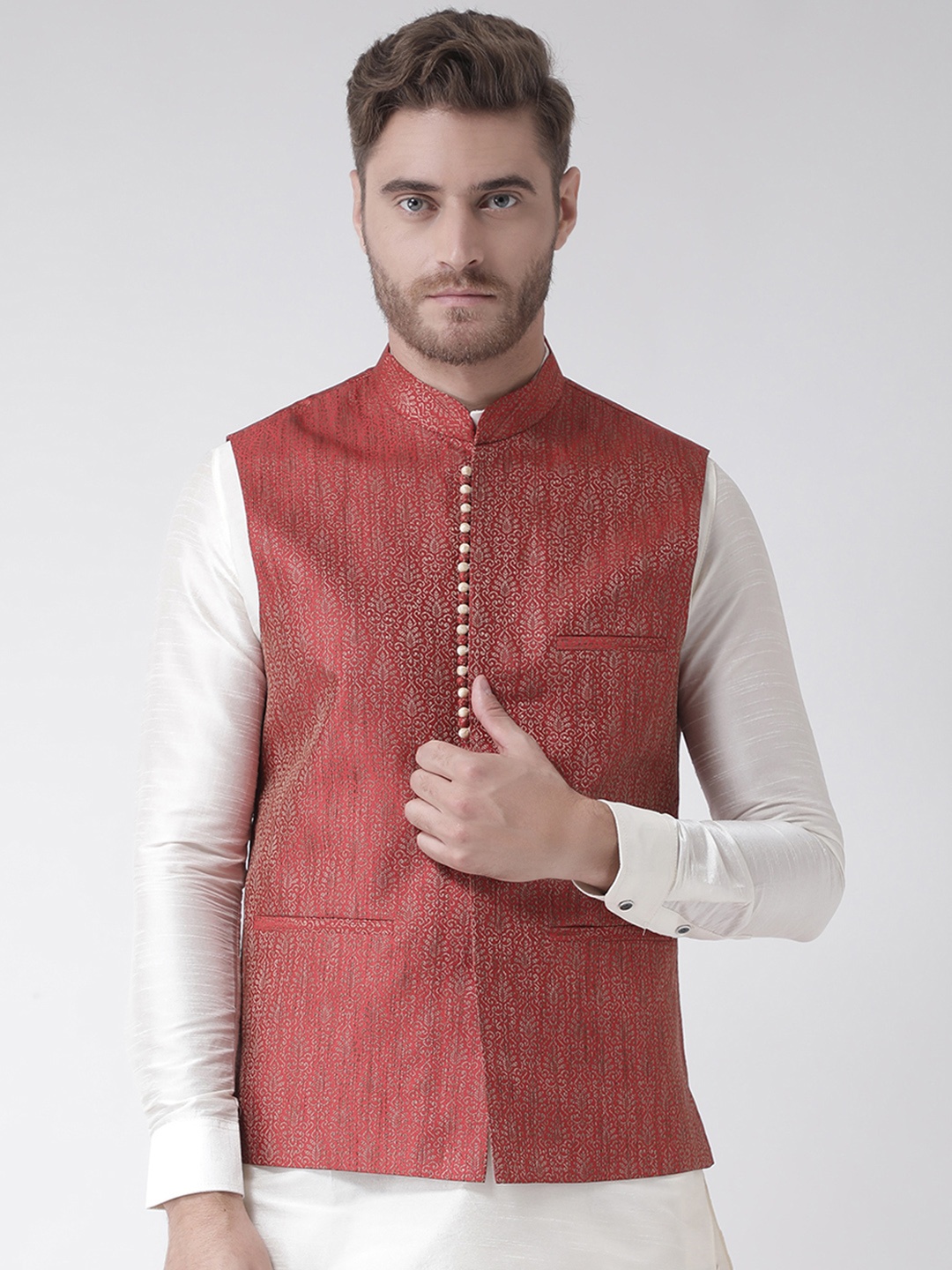 

DEYANN Men Red Woven Design Nehru Jacket
