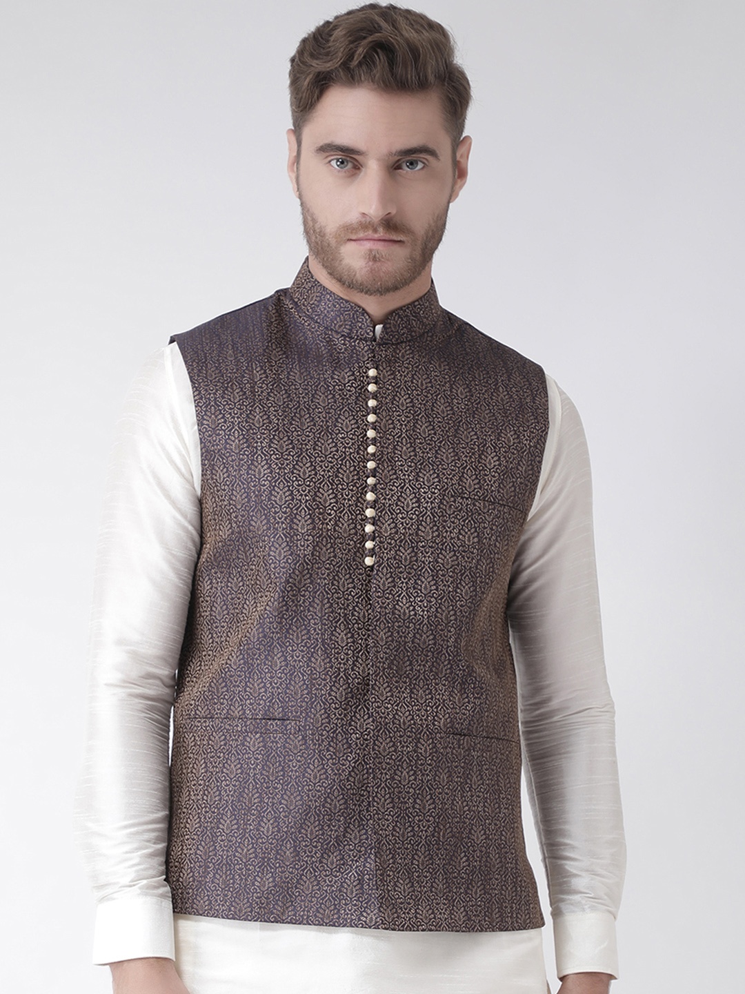 

DEYANN Navy Blue Woven Design Nehru Jacket