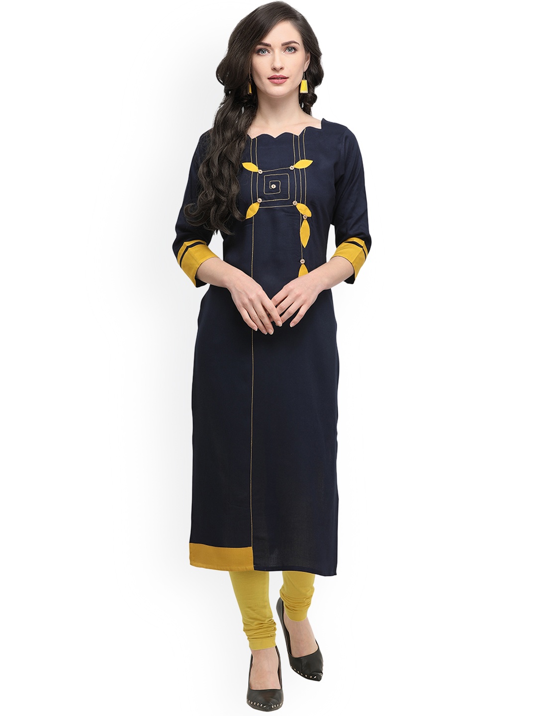 

Kvsfab Women Navy Blue & Mustard Printed Straight Kurta